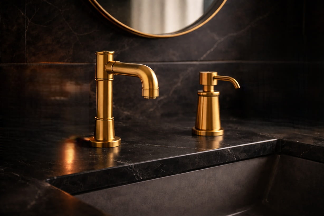 Professional plumber troubleshooting touchless faucet in hospital or airport restroom with open access panel and maintenance tools